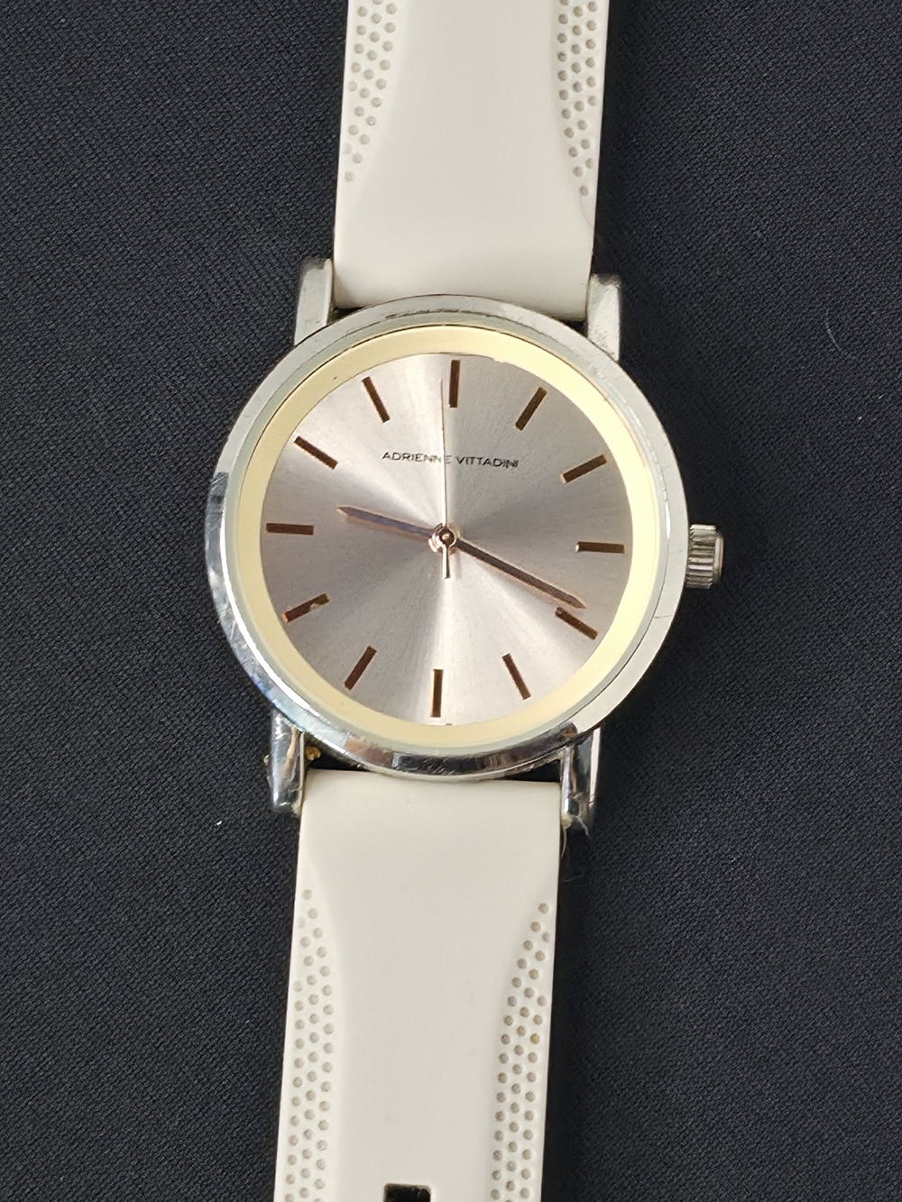 Adrienne Vittadini White Silicone Sport Watch Silver Gold Face Working Battery